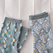 5 Pairs Women's Blue Elegant Embossed Floral Cotton Socks