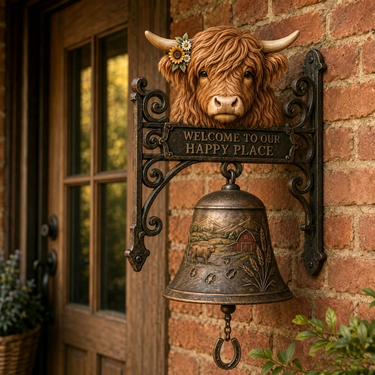 🔔 Cute Highland Cow Wall Bell, Country Farmhouse Mountable Bell, Decor Accent for Kitchen, Cabin & Entry Wall