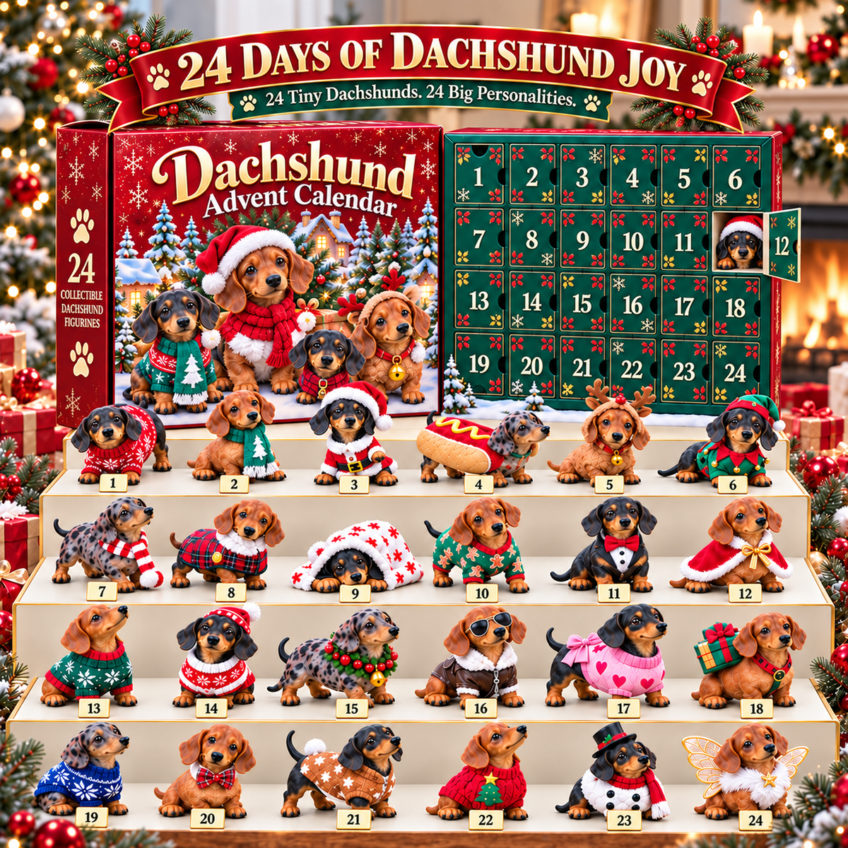 🎄 24 Days of Dachshund Joy – Christmas Advent Calendar with 24 Collectible Dachshund Figurines