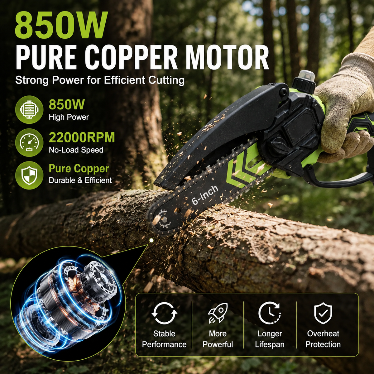 HOT SALE TODAY 69% OFF🌿 6-Inch Cordless Mini Chainsaw – Brushless 900W Pruning Saw with 2 Batteries