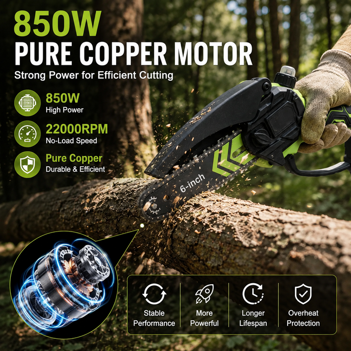 HOT SALE TODAY 69% OFF🌿 6-Inch Cordless Mini Chainsaw – Brushless 900W Pruning Saw with 2 Batteries
